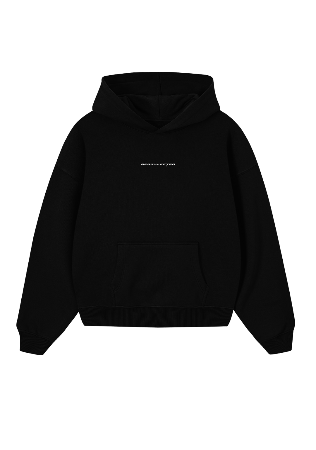 Schwarzer Oversize Hoodie von Stay Lifted Collective mit kleinem BERRYLECTRO Schriftzug in Chromoptik mittig auf der Brust, Vorderansicht
