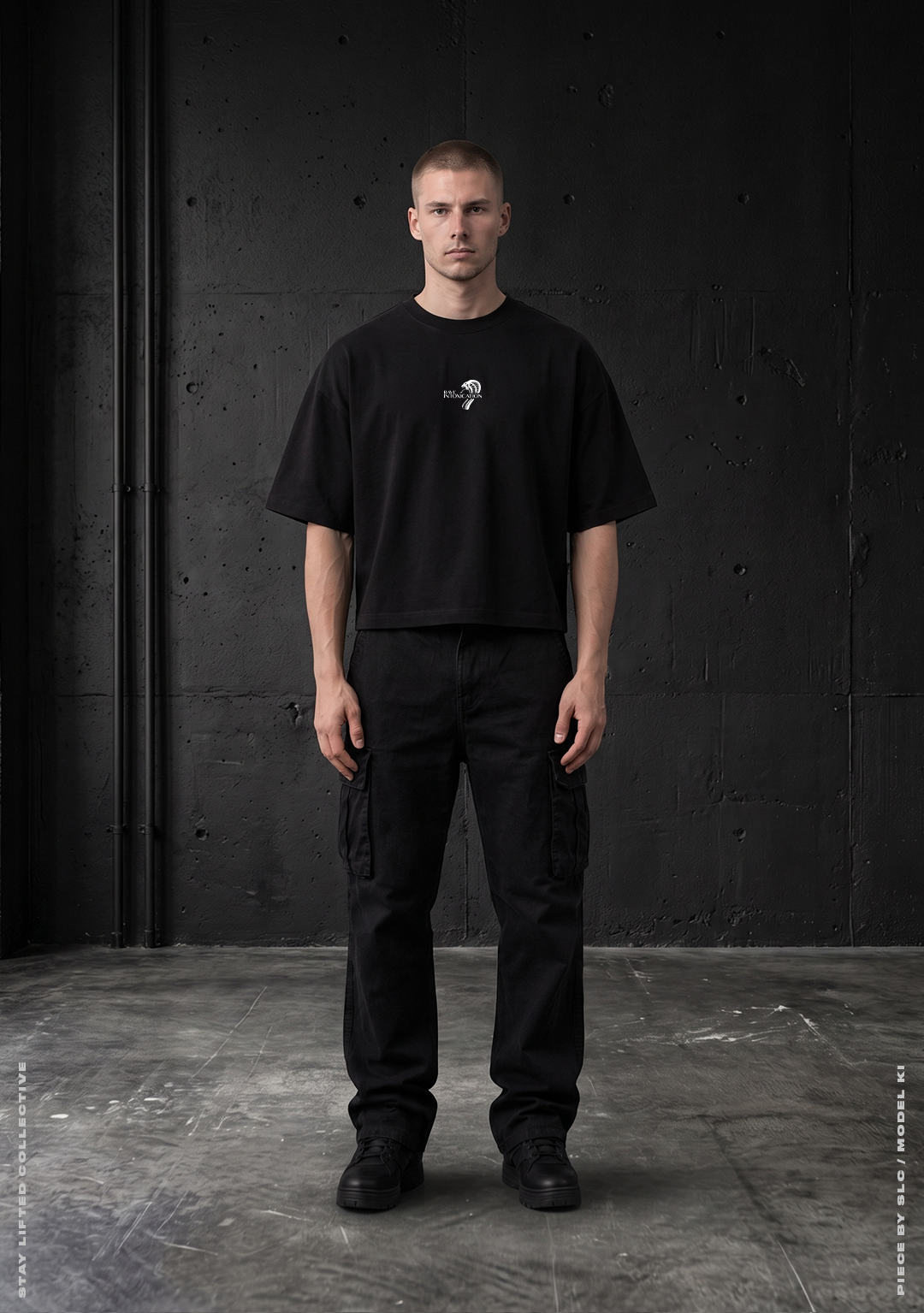 Model trägt schwarzes Rave Intoxication Cropped Oversized T-Shirt mit kleinem Rave Intoxication Logo auf der Brust, Techno Streetwear von Stay Lifted Collective