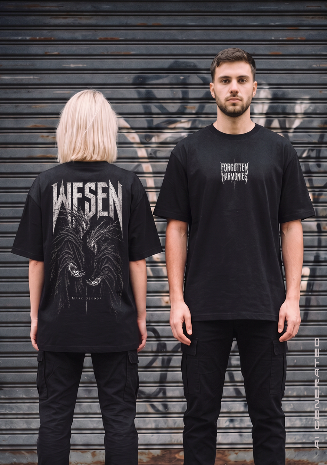 Frau und Mann in schwarzen Oversize T-Shirts vor einem grauen Rolltor mit Graffiti, die Frau von hinten mit großem Rückenprint WESEN und zwei düsteren Gestalten mit weißen Pillen in den Händen, der Mann von vorne mit kleinem Brustprint Forgotten Harmonies, dazu schwarze Cargohosen, Techno Streetwear