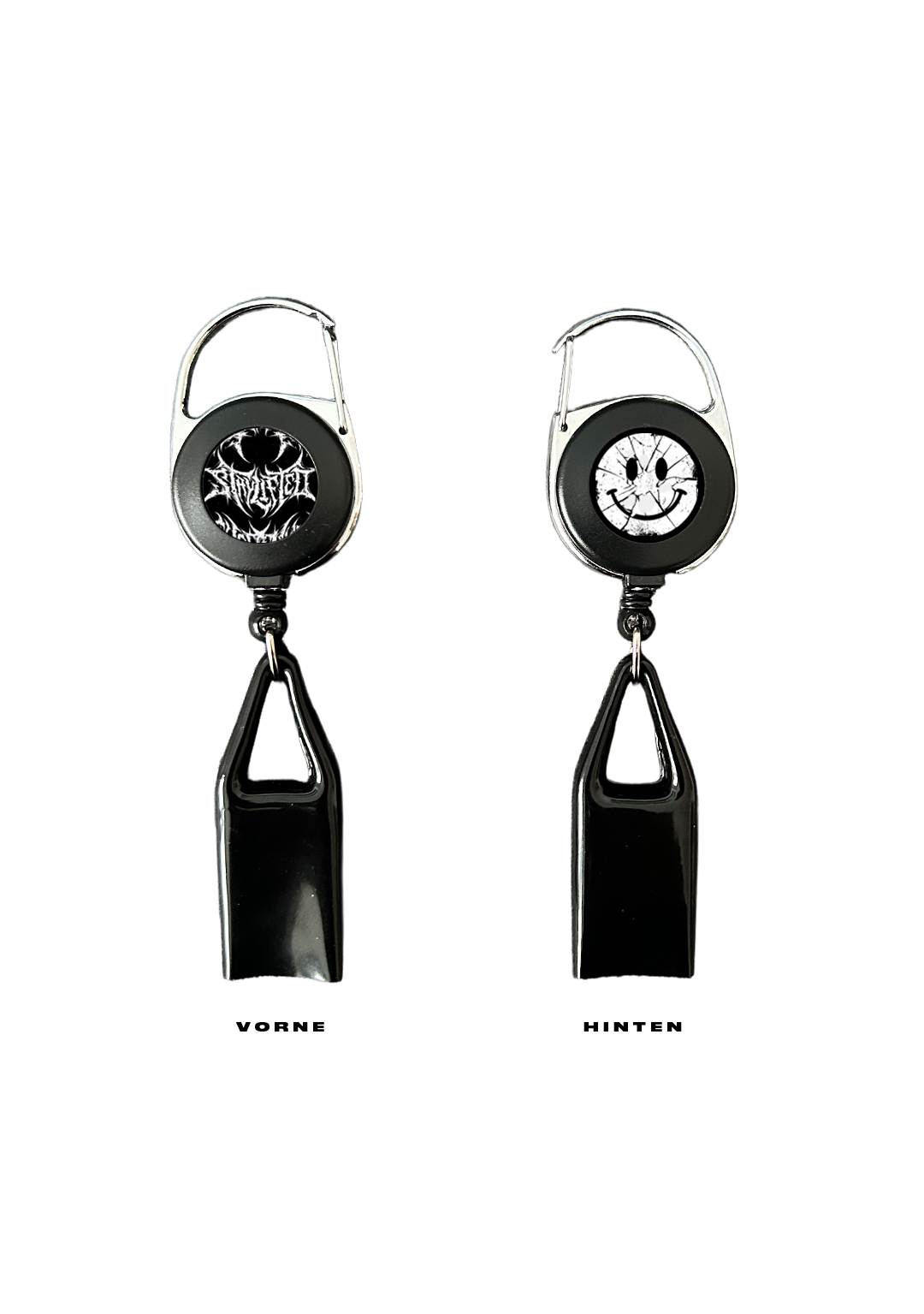Clipper Halter in Schwarz von vorne und hinten, vorne das Stay Lifted Logo, hinten der Acid Smiley
