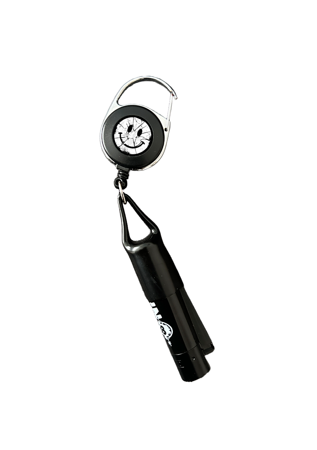 Lighter Leash mit schwarzem Clipper Feuerzeug, Rückseite mit Acid Smiley und Karabiner aus Metall