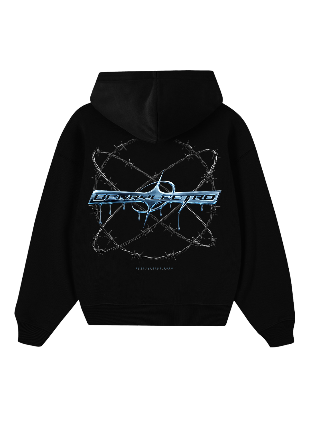 Rückansicht des schwarzen BERRYLECTRO Oversize Hoodies mit großem blauem Chromlogo in einem Stacheldrahtring, Techno Streetwear von Stay Lifted Collective