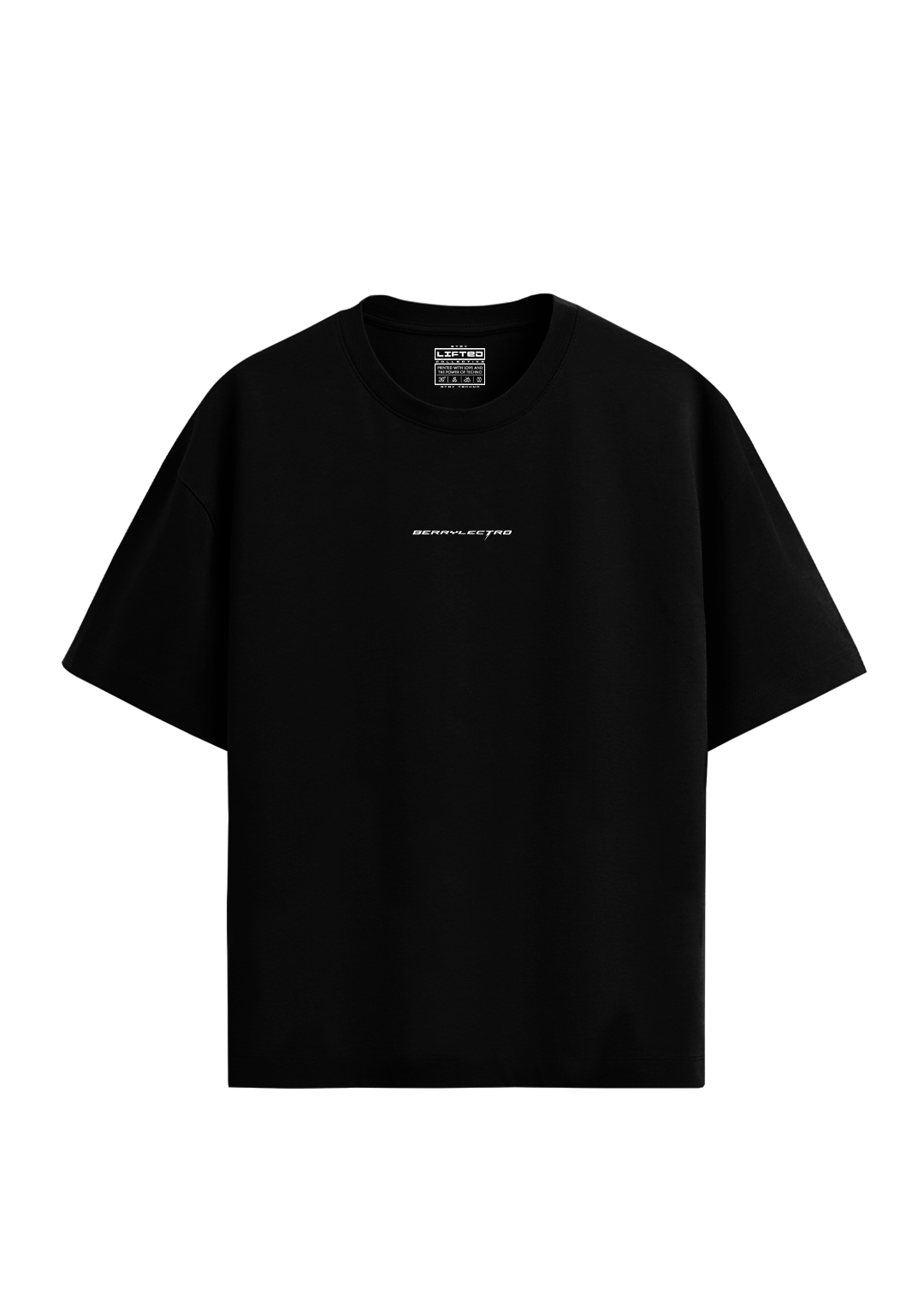 Schwarzes Oversize T-Shirt von Stay Lifted Collective mit kleinem BERRYLECTRO Schriftzug in Chromoptik mittig auf der Brust, Vorderansicht