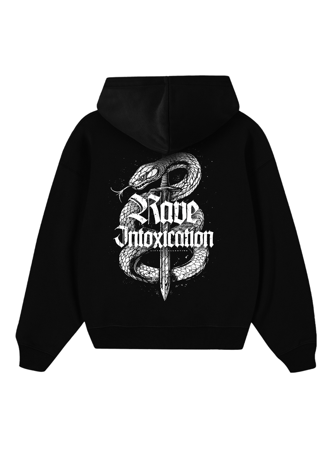 Schwarzer Oversize Hoodie von Stay Lifted Collective mit großem weißem Rückenprint Rave Intoxication, Schlange um einen Dolch, Techno Streetwear.