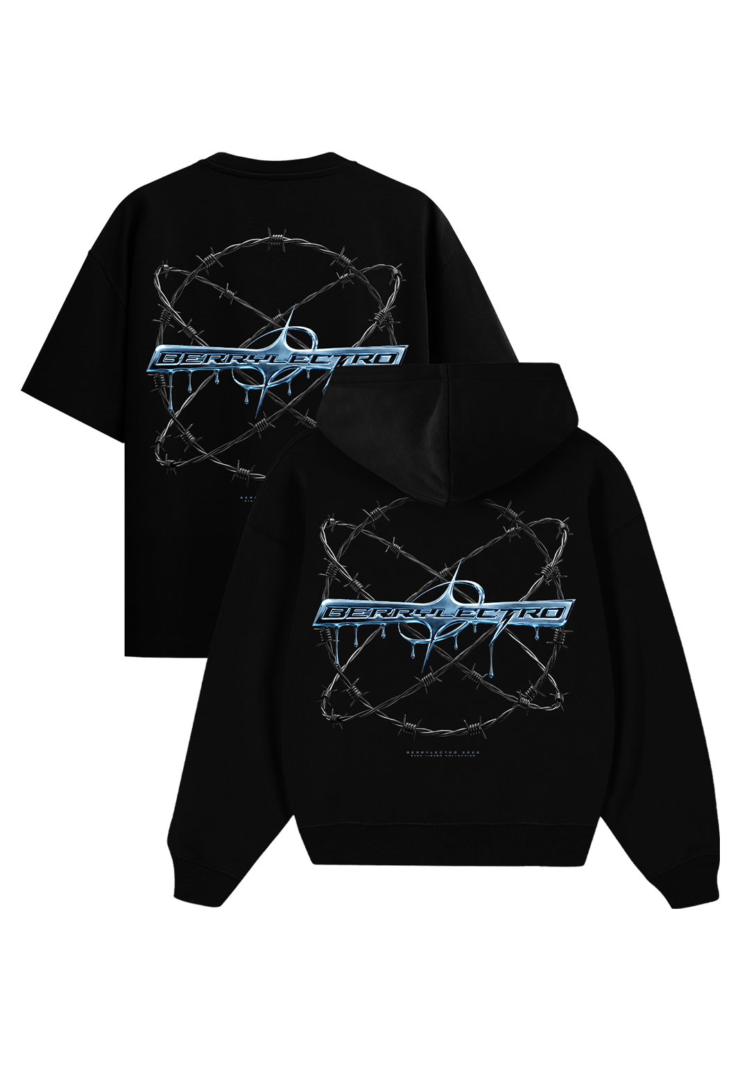 BERRYLECTRO Bundle: schwarzes Oversize T-Shirt und schwarzer Oversize Hoodie nebeneinander, Rückansicht mit blauem Chromlogo im Stacheldrahtring