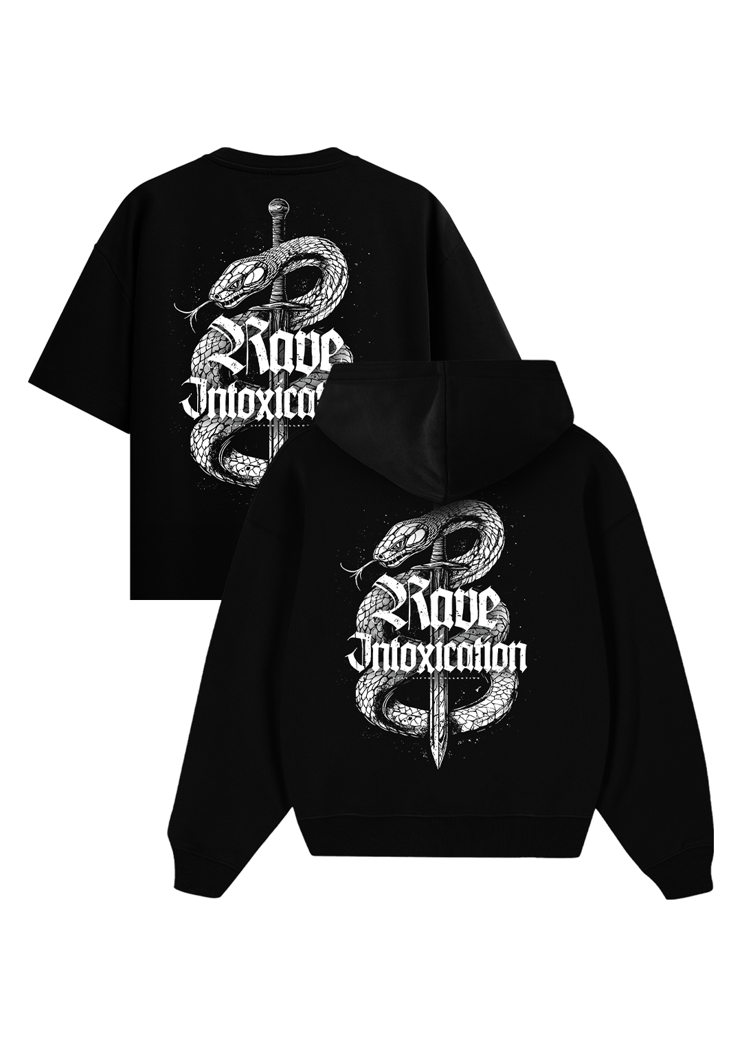 Schwarzes Rave Intoxication Bundle von Stay Lifted Collective, Cropped T-Shirt und Hoodie mit großem weißem Rückenprint, Schlange um einen Dolch, Techno Streetwear.