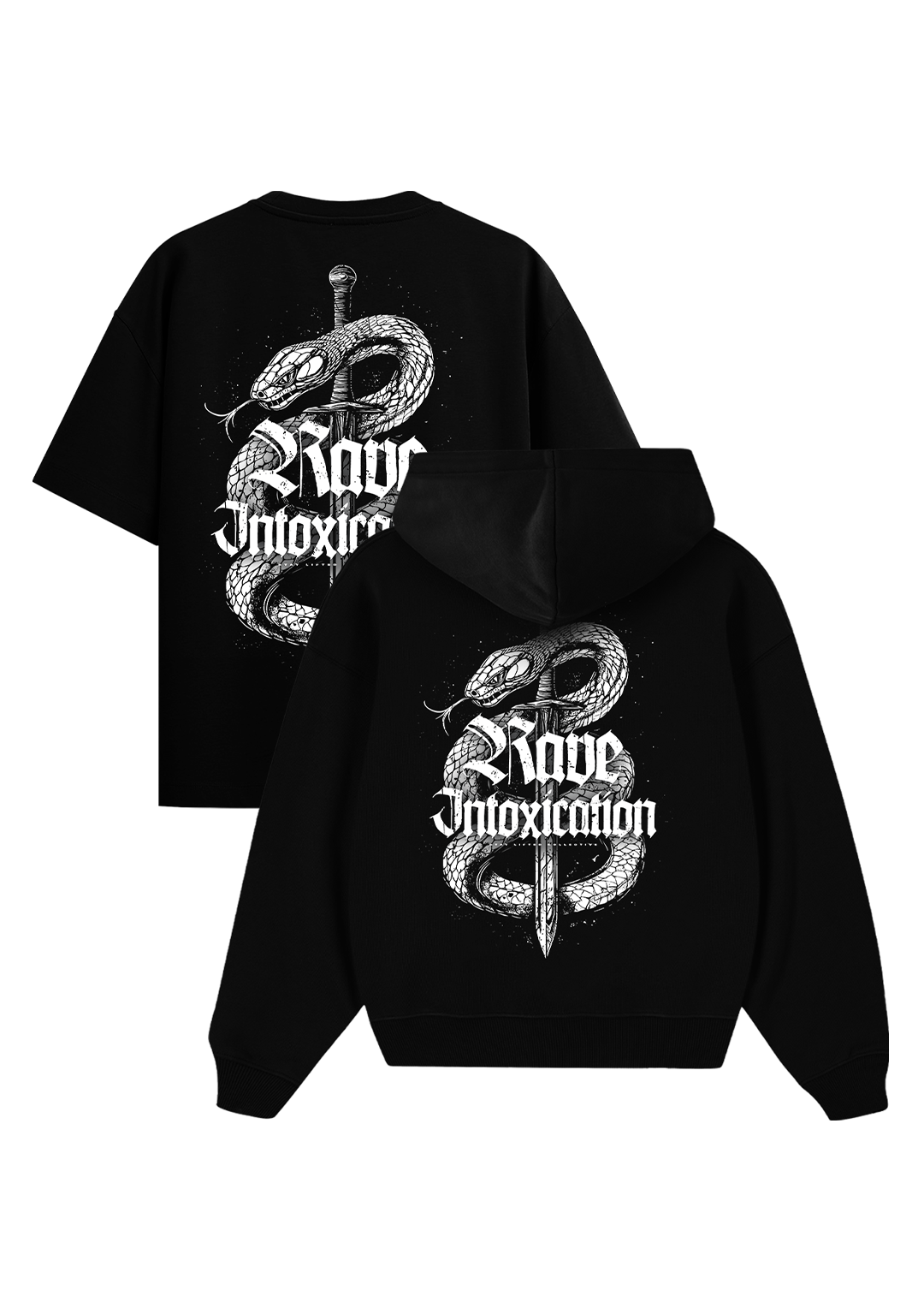 Schwarzes Rave Intoxication Bundle von Stay Lifted Collective, Oversize T-Shirt und Hoodie mit großem weißem Rückenprint, Schlange um einen Dolch, Techno Streetwear.