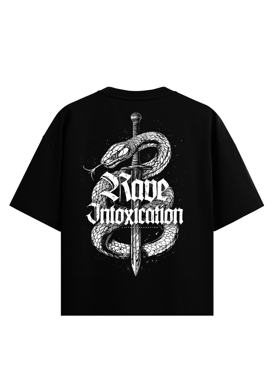 Schwarzes Cropped Oversize T-Shirt von Stay Lifted Collective mit großem weißem Rückenprint Rave Intoxication, Schlange um einen Dolch, Techno Streetwear.