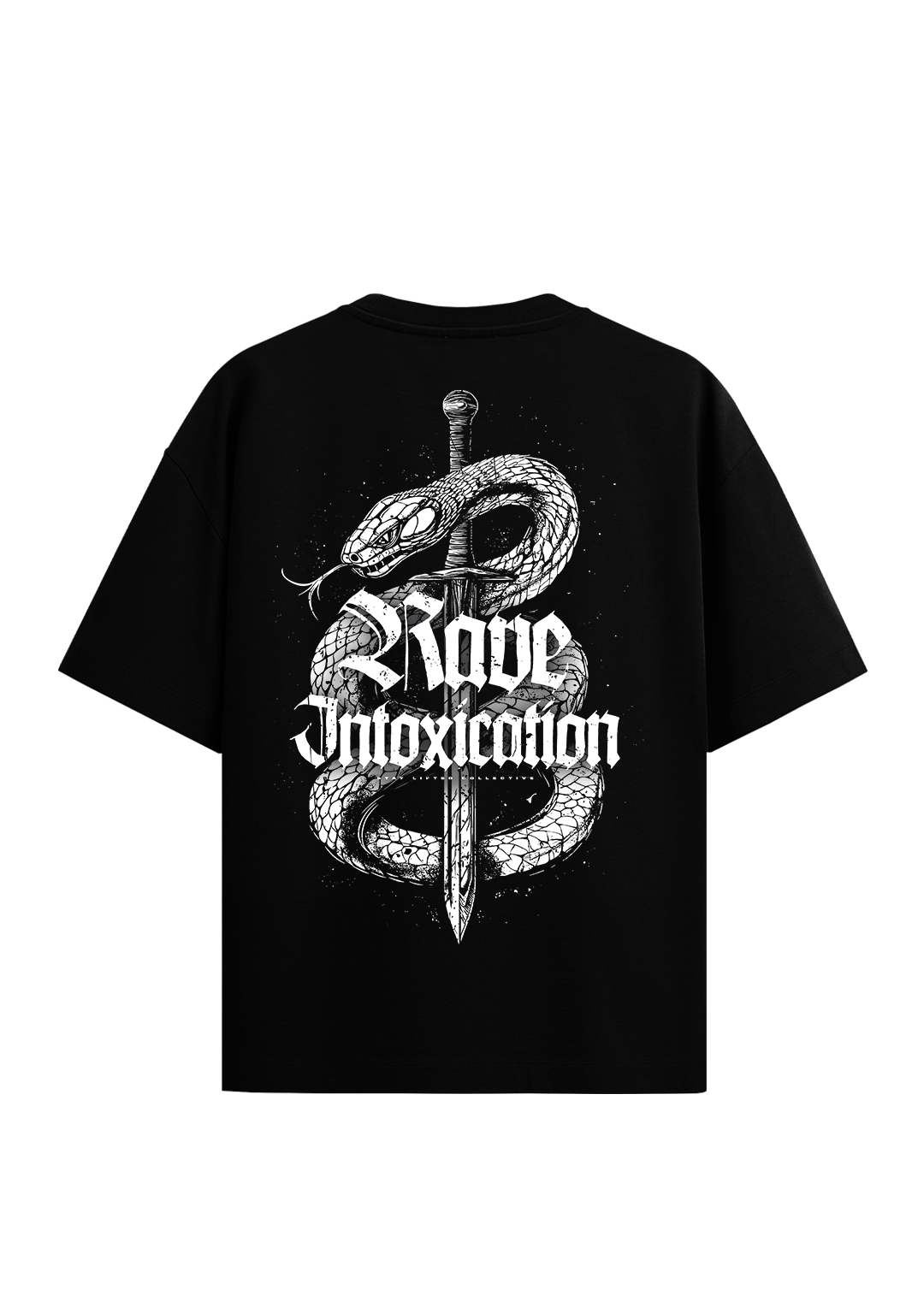 Schwarzes Oversize T-Shirt von Stay Lifted Collective mit großem weißem Rückenprint Rave Intoxication, Schlange um einen Dolch, Techno Streetwear.