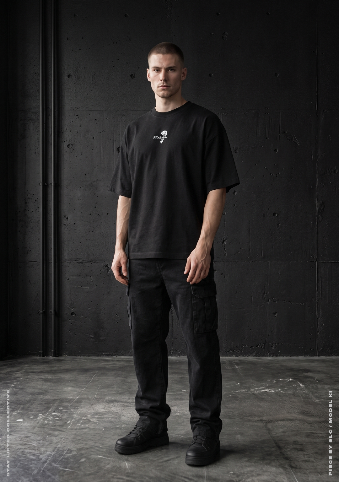 Model von vorne im schwarzen Rave Intoxication Oversized T-Shirt mit kleinem weißem Rave Intoxication Logo auf der Brust, Techno Streetwear von Stay Lifted Collective