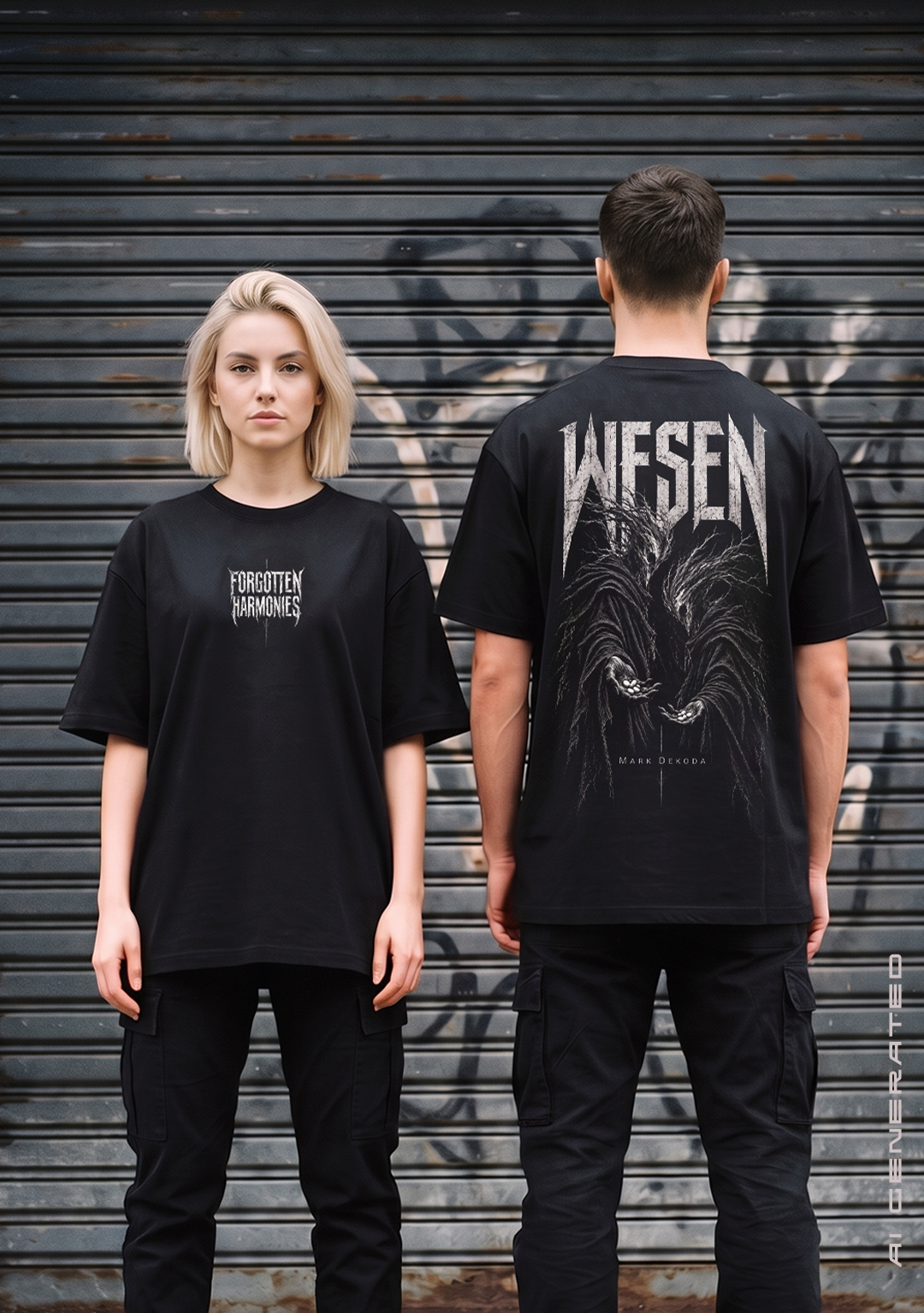 Frau und Mann in schwarzen Oversize T-Shirts vor einem grauen Rolltor mit Graffiti, die Frau von vorne mit kleinem Brustprint Forgotten Harmonies, der Mann von hinten mit großem Rückenprint WESEN, zwei düsteren Gestalten mit Ästen und Wurzeln und der Signatur Mark Dekoda, dazu schwarze Cargohosen, Techno Streetwear